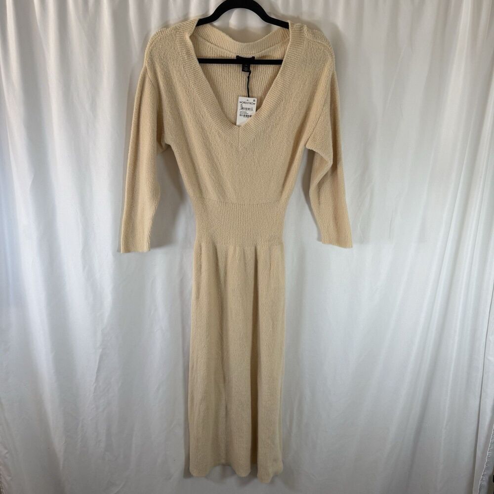 New Halogen Sweaterdress Women's XS Cream Beige Vneck Long Sleeve Soft Knit
